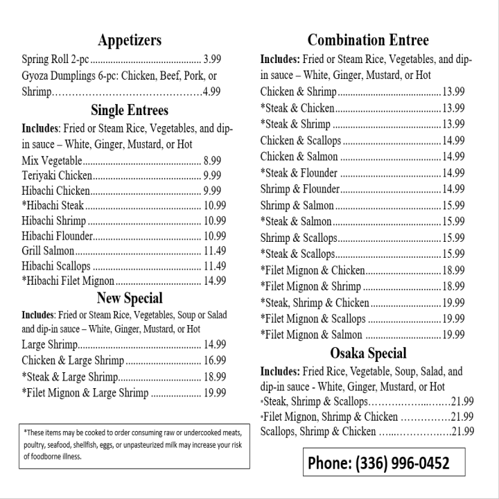 Osaka Japanese Restaurant full printed menu